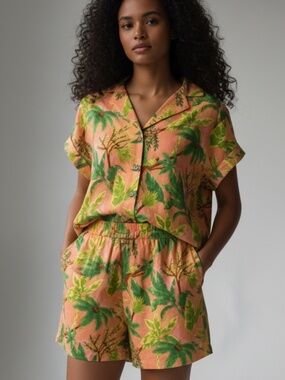 Monteau Linen Blend 2-Piece Tropical Set | Orange & Green | NWT